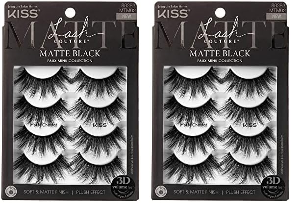 KISS Lash Couture 3D Matte False Eyelashes, Matte Cheviot', 18mm-20mm, Includes 4 Pairs Of Lashes, Contact Lens Friendly, Easy to Apply, Reusable Strip Lashes (Pack of 2)