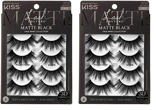 KISS Lash Couture 3D Matte False Eyelashes, Matte Cheviot', 18mm-20mm, Includes 4 Pairs Of Lashes, Contact Lens Friendly, Easy to Apply, Reusable Strip Lashes (Pack of 2)