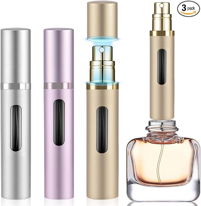 8ml Perfume Atomizer Travel Refillable,Mini Cologne Dispenser, Bottom-Filling Fragrances Perfumes Bottle,Portable Sprayer Pocket Size for Women Men Cruise Car Trip Gift 3pcs (Gold-Pink-Silver)