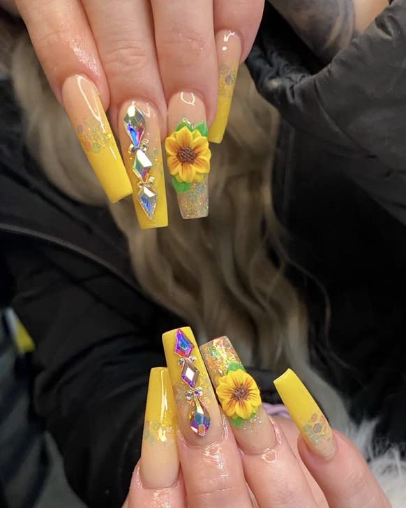 Set 3D Acrylic Yellow Flower Nail Art Charms Handmade by Acrylic Powder - 24pcs 3D Flowers Nails Rhinestones Kit 3D Crystal Nail Pearls Design Acrylic Nail Art for Women (Yellow)