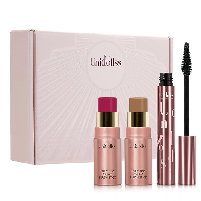 3 Pcs Unidollssbeauty Tubing Mascara and Blush Stick Set, Volume and Length Black Mascara Lengthening Long Lasting All Day, Washable Voluminous Tubing with a Random Accessory Included(04,05)