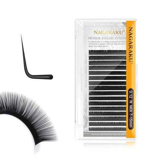 NAGARAKU Eyelash Extensions Individual Lashes 0.12 N (M) curl 7-15mm Mix Faux Mink Classic 16 rows Matte Black Soft Natural