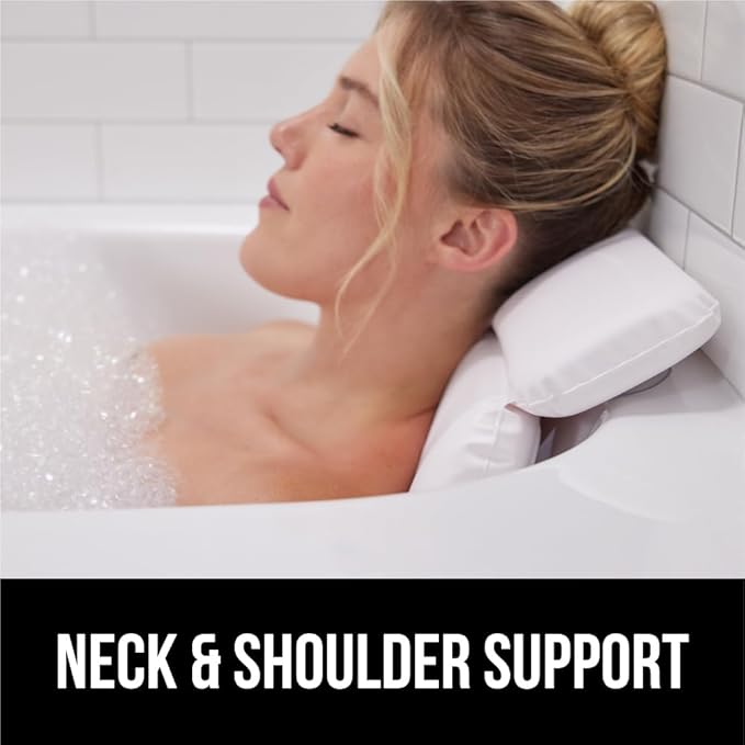 GORILLA GRIP Bath Pillow for Tub, Improved Suction Cup Bathtub Pillows, Headrest for Neck and Back Support, Relaxing Home Spa, Hot Tubs and Bathroom Essentials, Gifts for Mom, White