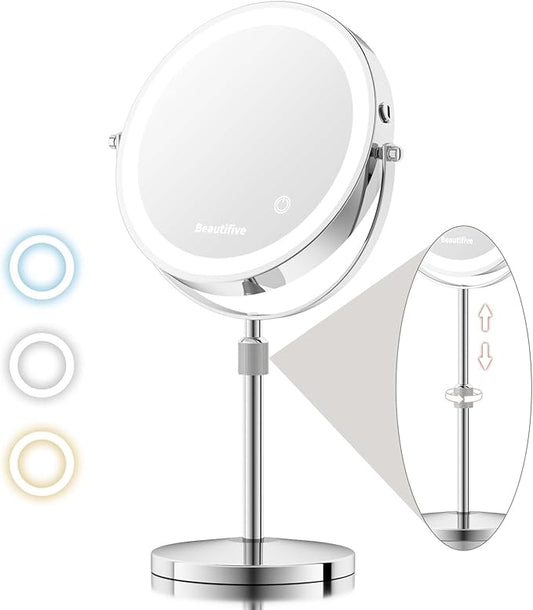 8” Large Lighted Makeup Mirror with Magnification, 15X/1X Rechargeable Magnifying Mirror with Lights, Stepless Dimming Light Up Table Mirror with Adjustable Height, 360° Rotation Vanity Makeup Mirror