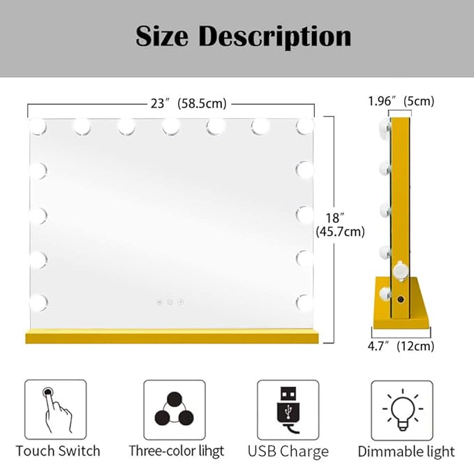 22.8"x 18.1" Vanity Mirror Makeup Mirror with Lights,10X Large Hollywood Lighted Vanity Mirror with 15 Dimmable LED Bulbs,3 Color Modes,Touch Control for Bedroom,Tabletop or Wall-Mounted