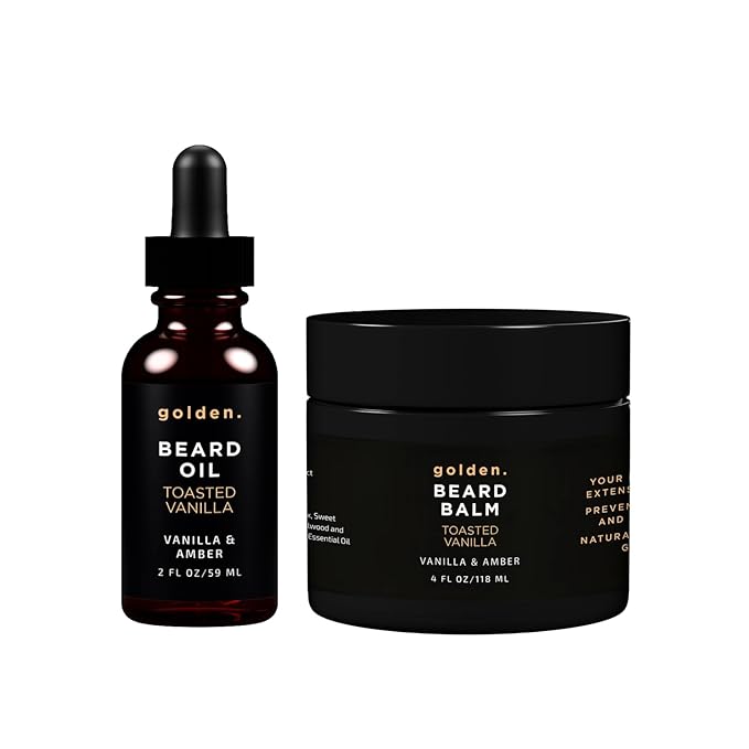 Golden Grooming Beard Oil & Balm Bundle for Men | Natural Growth Kit with Shea Butter | 4oz Balm & 2oz Oil | Toasted Vanilla