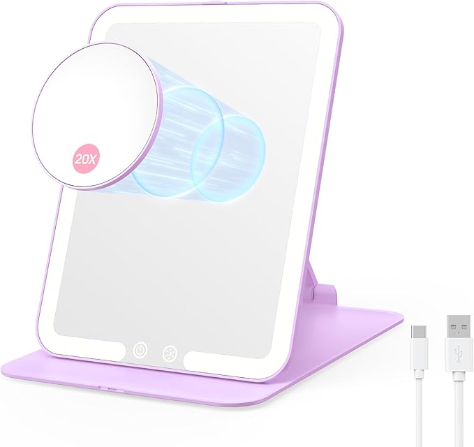 Benbilry Foldable Travel Makeup Mirror with Lights and 20X Magnification, Rechargeable Tabletop LED Vanity Mirror with Adjustable Stand, 3-Colored Dimmable Lighting, Portable Cosmetic Mirror, Purple