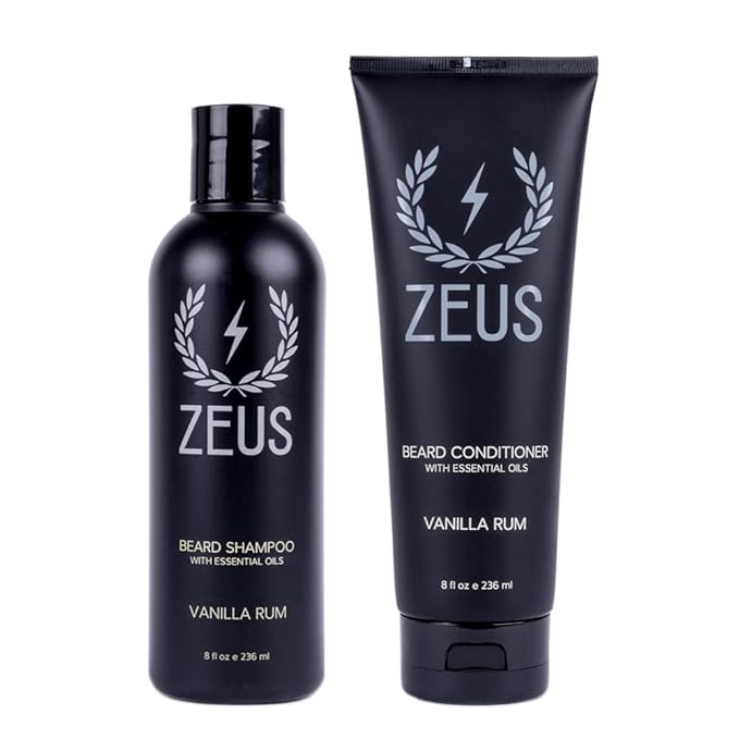 ZEUS Men’s Beard Shampoo & Beard Conditioner Set – US MADE – Soften, Hydrates, & Moisturizes, Prevents Itching & Flaking (Scent: Vanilla Rum)