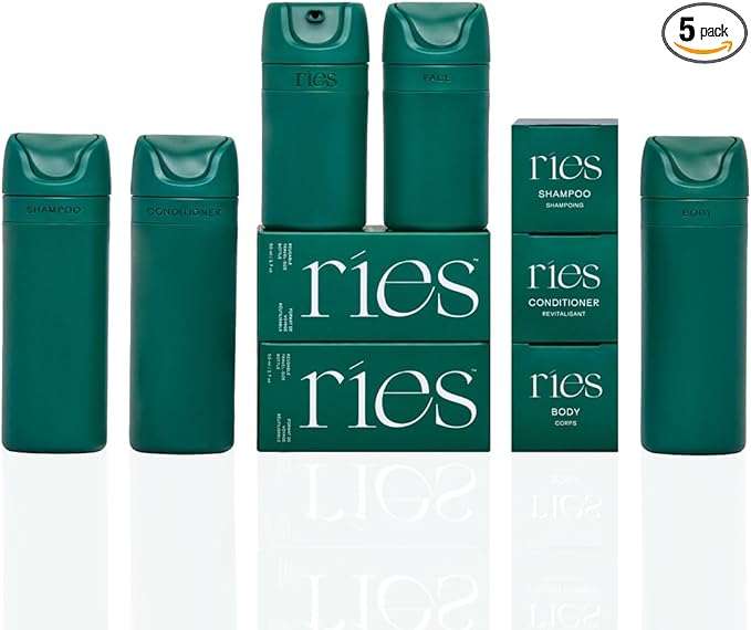 Essential Refillable Toiletry Travel Bottles – Set of 5 (3.4oz & 1.7oz) Airless Pump Containers for Shampoo, Conditioner, Body, Face – Leak-Proof, TSA-Approved, Dishwasher Safe- Escapade Green