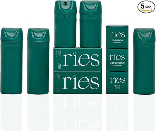 Essential Refillable Toiletry Travel Bottles – Set of 5 (3.4oz & 1.7oz) Airless Pump Containers for Shampoo, Conditioner, Body, Face – Leak-Proof, TSA-Approved, Dishwasher Safe- Escapade Green