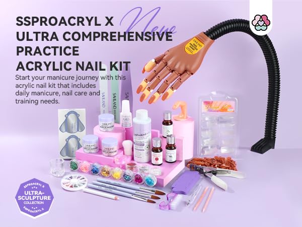 SAVILAND Acrylic Nail Kit for Practice: Premium Nails Kit Acrylic Set withPractice Hand Training Mat Brush for Beginner Extension Carving Home