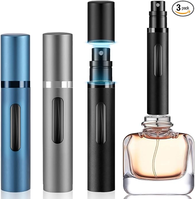 8ml Perfume Atomizer Travel Refillable,Mini Cologne Dispenser, Bottom-Filling Fragrances Perfumes Bottle,Portable Sprayer Pocket Size for Women Men Cruise Car Trip Gift 3pcs (Black-Grey-Blue)