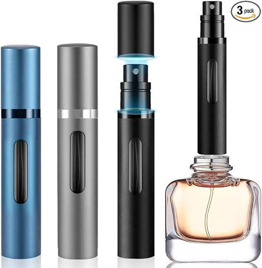 8ml Perfume Atomizer Travel Refillable,Mini Cologne Dispenser, Bottom-Filling Fragrances Perfumes Bottle,Portable Sprayer Pocket Size for Women Men Cruise Car Trip Gift 3pcs (Black-Grey-Blue)