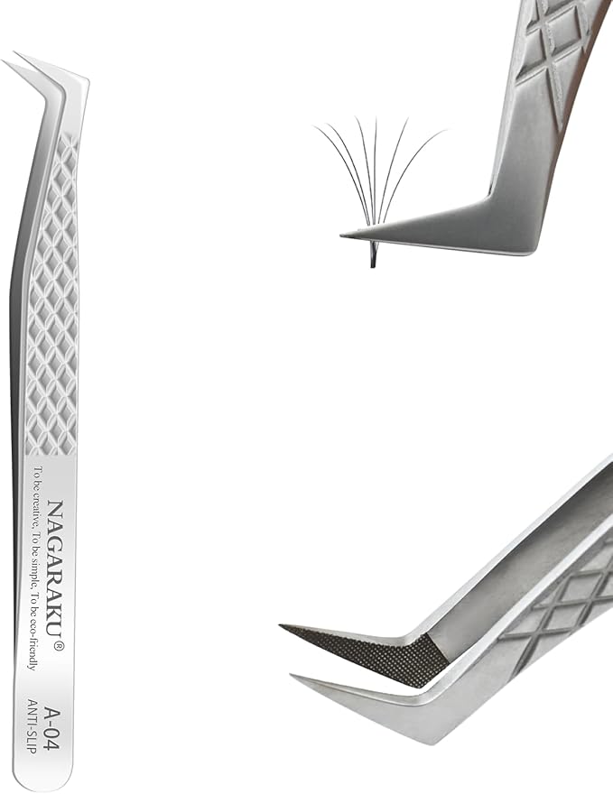 NAGARAKU Eyelash Extension Tweezers Diamond Grip with Pattern on tip Precision Durable Curved Professional for Classic Lash Fanning Volume (A-04)