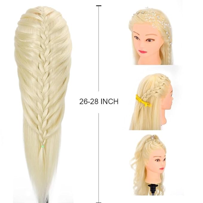 26"-28"Mannequin Head with 80% Real Hair,Cosmetology Mannequin Trainning Head Hairdresser Pratice Doll Head for Hair Styling with Free Clamp Holder(#613 Light Blonde)