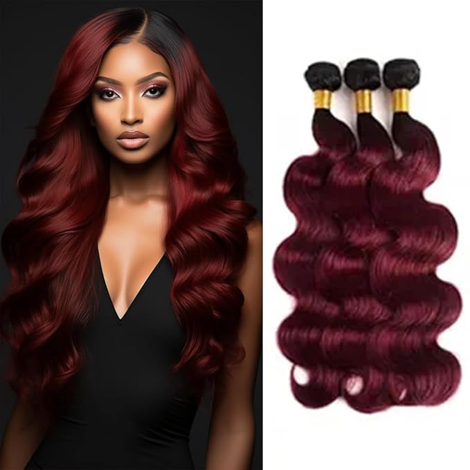 99j Ombre Body Wave Bundles Human Hair 1B99j Body Wave Bundles #1B and Burgundy two tone Brazilian Human Hair Weave Wet and Wavy for Women 10 12 14 Inch