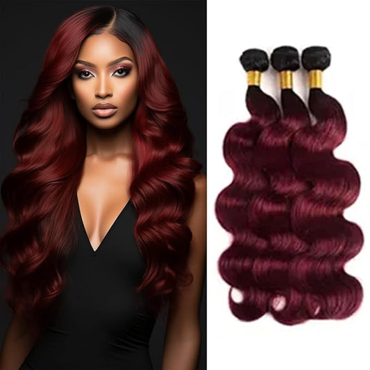 99j Ombre Body Wave Bundles Human Hair 1B99j Body Wave Bundles #1B and Burgundy two tone Brazilian Human Hair Weave Wet and Wavy for Women 10 12 14 Inch