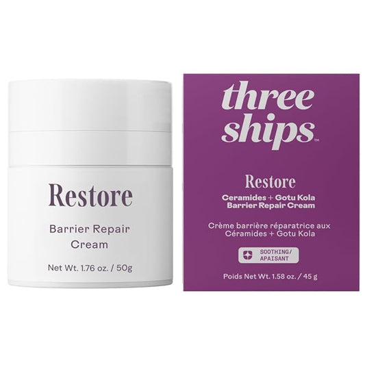 Three Ships Restore Barrier Repair Cream with Ceramides + Gotu Kola - Supports Skin Barrier, Soothes Redness, Lightweight Daily Face Moisturizer (40g)