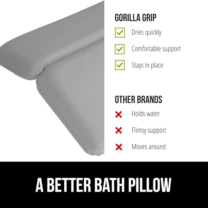GORILLA GRIP Bath Pillow for Tub, Improved Suction Cups, Luxury Bathtub Pillows, Headrest for Neck and Back Support, Relaxing Home Spa, Hot Tubs and Bathroom Essentials, Gifts for Women, 2 Panel Gray