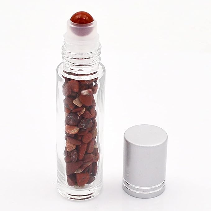 Essential Oil Roller Bottle 10ml w EVA Carrying Travel Case（Clear Glass Bottle with silver Cap、10pack、Gemstone Roller Balls、Healing Crystal Chips Inside、Opener)Gemstone Roller Ball Bottles