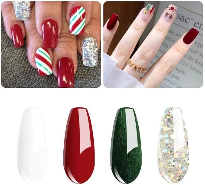 Vishine Soak Off UV LED Christmas Collection Glitter Gel Nail Polish Color Set Of 4 Colors X 8ml Red White Green Sparkle Silver Nail Art Kit Set