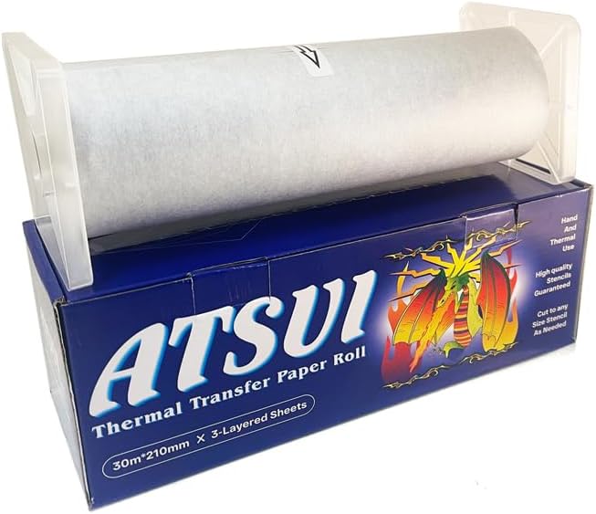 Atsui Tattoo Stencil Paper - Available in 20pcs Sheets, 100pcs Sheets, & 100 Feet Roll - Use by Hand or Stencil Machine - New and Improved Formula (A4 Roll)
