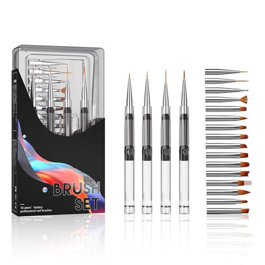 20PCS Nail Art Brushes Set, YIHUALE Push Contact Builder Nail Extension Gel Brush, Gel Polish Art Design Pen Painting Tools, Nail Art Liner Brush and Nail Dotting Pen for Salon, DIY (4+16PCS, White)