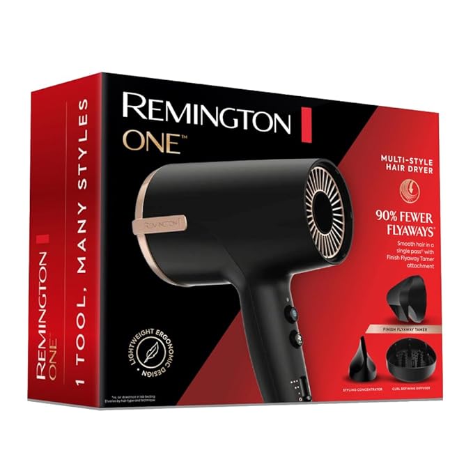Remington One Ionic Hair Dryer Blow Dryer with Diffuser, Concentrator and Fly Away Tamer for Fast Drying and Less Frizz
