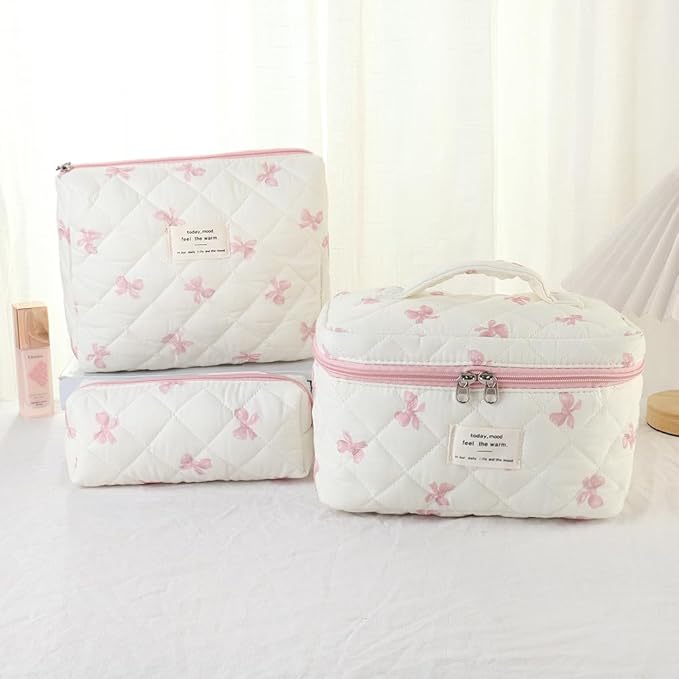 Makeup Bag, 3 PCS Quilted Makeup Bag, Cute Floral Cotton Cosmetic Bag set, Coquette Makeup Pouch Large Travel Toiletry Bag