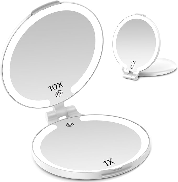 FUNTOUCH Lighted Travel Makeup Mirror, Rechargeable 1X/10X Magnifying Mirror with Light, Travel Makeup Mirror,Touch Switch Light up Mirror for Plucking Eyebrows (7in)