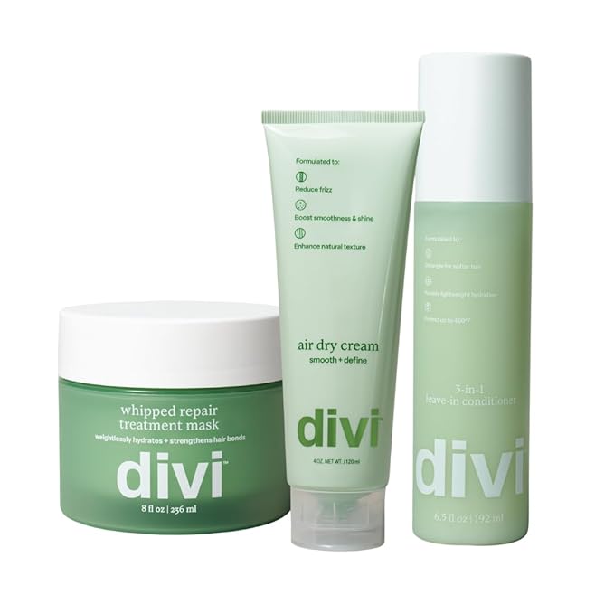 Divi Hair Care Styling Set, Shower Routine with Repair Mask, Leave-In Conditioner, and Air Dry Cream, 3-Step Kit