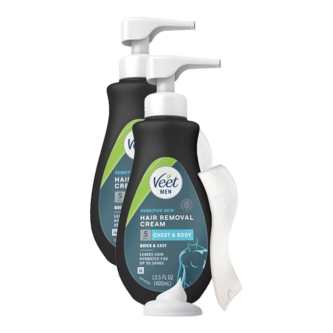 Veet Sensitive Skin Dermatologically Tested 13.5 Fl Oz. 5 Min Men's Hair Removal Gel Cream with Spatula For Body, Chest & Back (2 Pack)