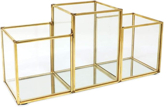 Isaac Jacobs 3-Compartment Makeup Brush Holder, Vintage Style Brass and Glass Organizer, (9.3” L x 3.1" W x 4.5" H) Storage Solution with Mirror Base & Taller Center Slot, for Makeup, Crafts, & More