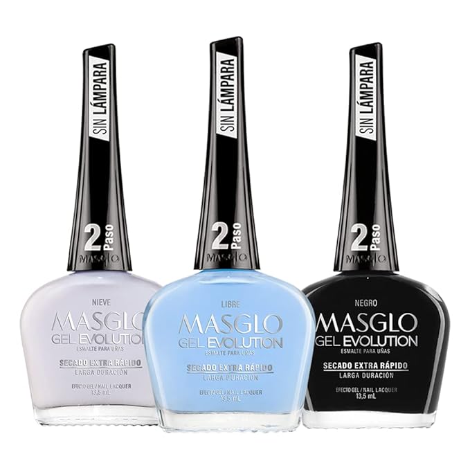 MASGLO Gel Evolution – Set of 3 Nail Polishes No UV/LED Lamp Needed, Fast-Drying, 12-Day Wear, 14-Free Formula, High-Gloss Finish, vegan (0.5 oz Each)