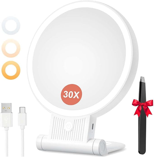 1X/ 30X Magnifying Mirror with Light, Double Sided Makeup Mirror with Adjustable Folding Handle, Lighted Vanity Mirror with Tweezer, Portable Tabletop Mirror for Travel Home