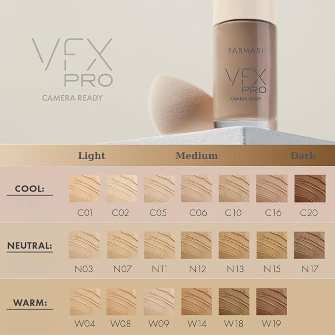 FARMASi Vfx Pro Foundation, Full Coverage Liquid Cream, Lightweight Long Lasting Coverage, Breathable Skin Moisturizer with Color True Matte Blending, Face Makeup, 1 fl. oz / 30 ml, Cool Ivory 01