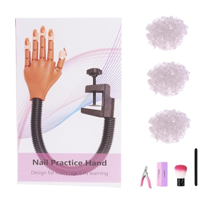 Practice Hand For Acrylic Nails Adjustable Flexible Nail Practice Hands Training Movable Nail Manicure Hand with 300 transparent tips and 1pc File 1pc Brush 1 pc Nail Buffer and 1 pc Clipper