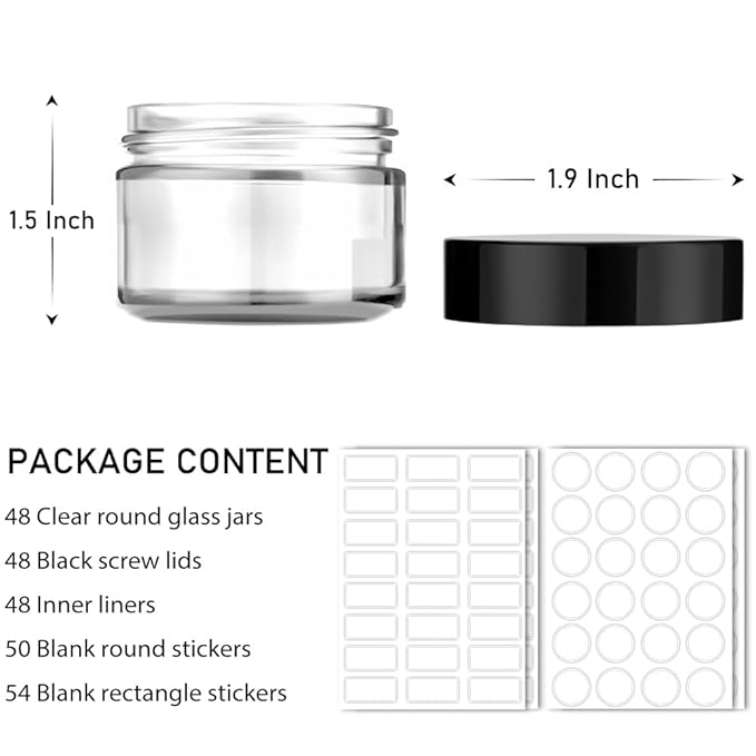 1 oz Small Glass Jars, Bumobum 48 pack Empty Round Clear Jars with Black Lids, White Labels & Inner Liners, Mini Cosmetic Containers for Cream, Lotion