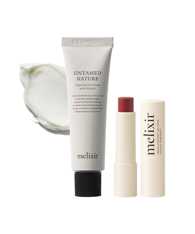 Melixir Vegan Lip and Hand Care Set – Vegan Lip Butter #02 Nude Crumble & Vegan Hand Cream, Hydrating Tinted Lip Balm for Chapped Lips, Travel-Size Hand Lotion for Dry Hands, Gift for Women and Men
