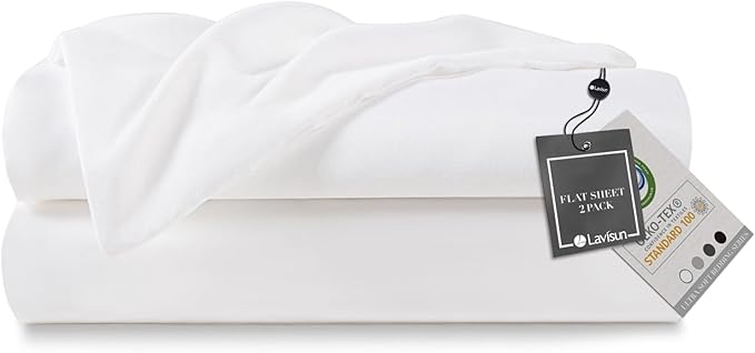 Lavisun Flat Sheets Only 2 Pack, Hotel Quality Twin Flat Sheets Only, Soft Brushed Microfiber Flat Sheet Set, Breathable & Wrinkle-Free, Perfect for Home, Dorm & Massage (White, Twin)
