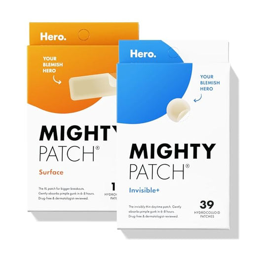 Hero Cosmetics Mighty Patch™ Invisible+ Patch & Mighty Patch™ Surface Patch Bundle - Acne Patches for Daytime and Larger Breakout Treatment of Pimples