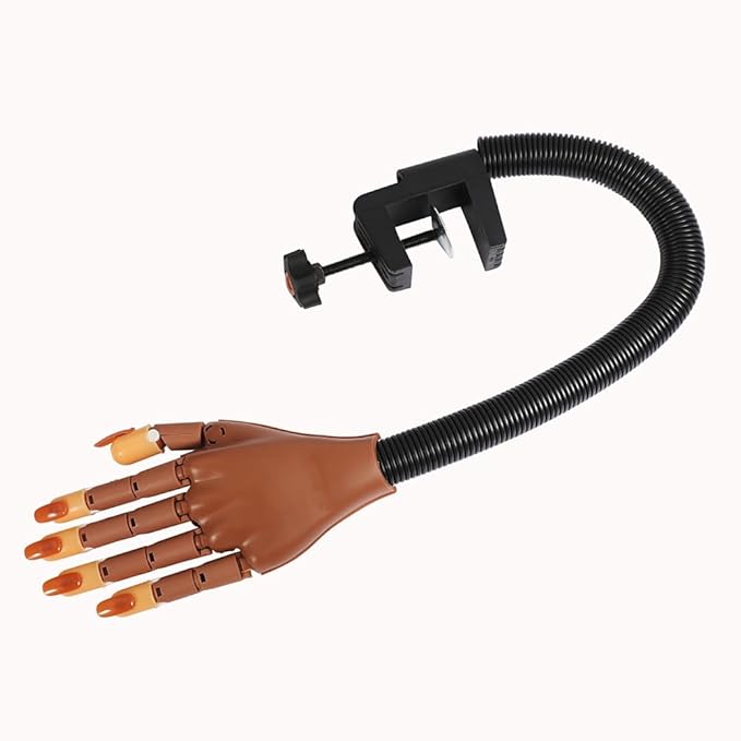 Practice Hand For Acrylic Nails Adjustable Flexible Nail Practice Hands Training Movable Nail Manicure Hand with 300 Brown Nail Tips and 1pc File 1pc Brush 1 pc Nail Buffer and 1 pc Clipper