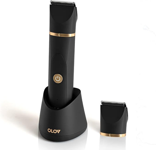 OLOV Electric Body Hair Trimmer for Men - Wet/Dry Body Shaver Groomer with 2 Repalcement Ceramic Blade, USB Recharge Dock & Nosetrimmer Head, Waterproof Male Hygiene Razor