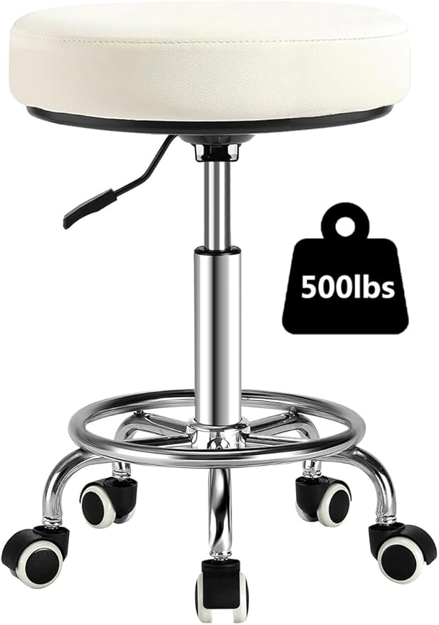 Adjustable Rolling Stool with Wheels - Ergonomic Salon & Tattoo Artist Chair, Office Stool with Comfortable PU Leather Seat, White