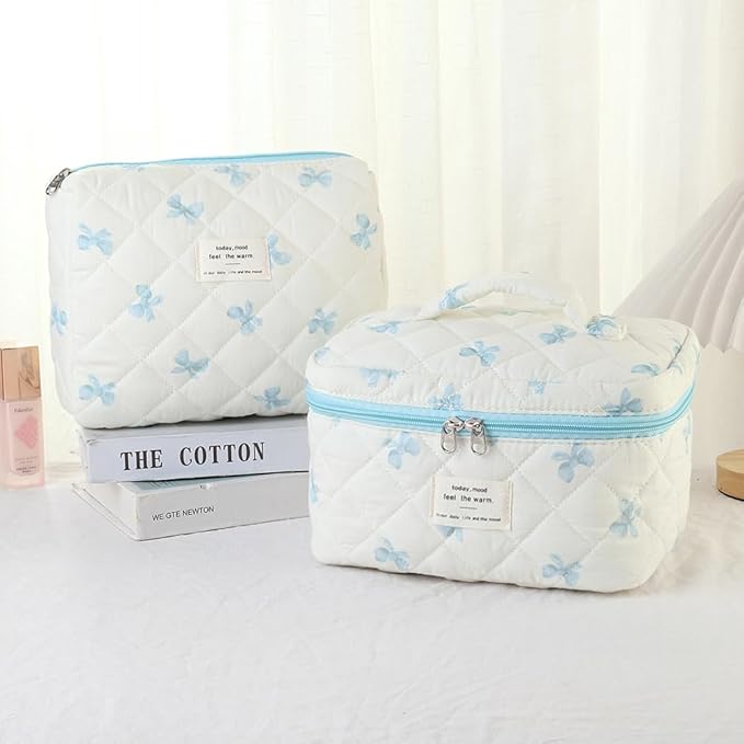 Makeup Bag, 3 PCS Quilted Makeup Bag, Cute Floral Cotton Cosmetic Bag set, Coquette Makeup Pouch Large Travel Toiletry Bag