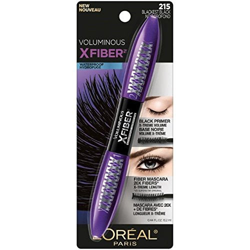 L’Oréal Paris Makeup Voluminous X Fiber Waterproof Mascara with Black Primer, Blackest Black, 1 Tube