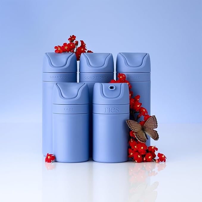 Essential Refillable Toiletry Travel Bottles – Set of 5 (3.4oz & 1.7oz) Airless Pump Containers for Shampoo, Conditioner, Body, Face – Leak-Proof, TSA-Approved, Dishwasher Safe- Runaway Blue