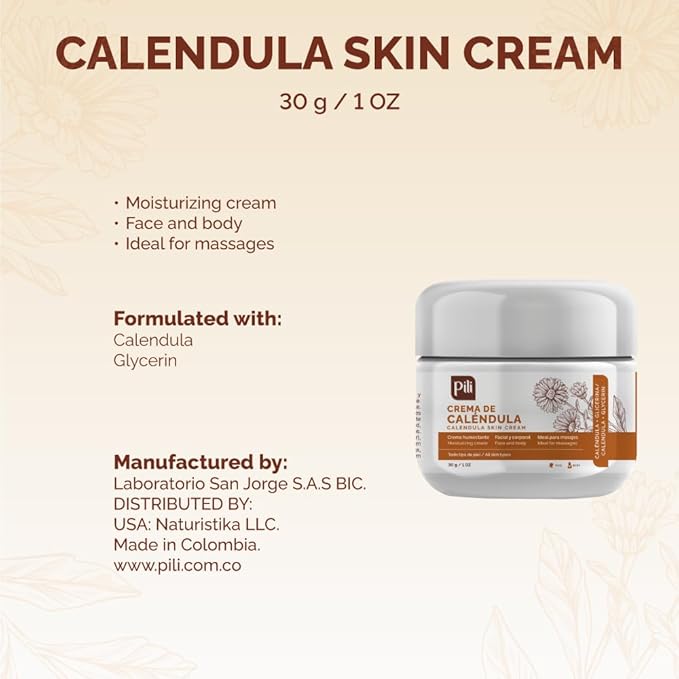 Pili Natural Calendula Cream - Moisturizing Cream for Rough, Dry, or Chapped Skin - Crema de Calendula (1 oz/Unit)