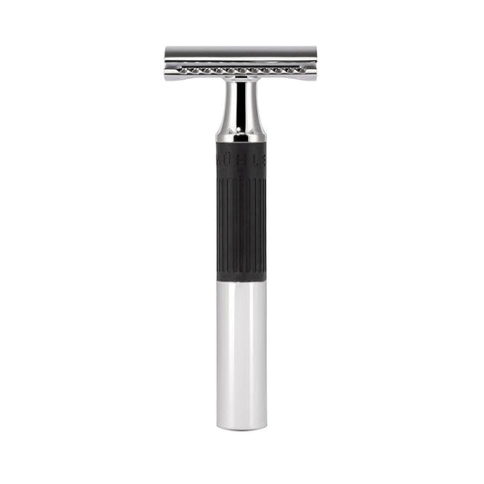 MÜHLE NEO safety razor|double edge safety razor for beginners and experienced shavers|sustainable eco-friendly and reusable|for men and women|chrome with black silicone grip handle