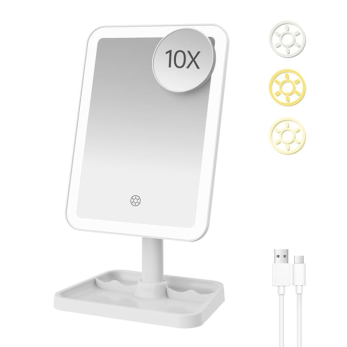 FUNTOUCH 2000mAh Rechargeable Light up Makeup Mirror with Lights,Make up Mirror with 3 Color Lights and 3.5" Detachable 10X Magnification,360°Rotation Led Makeup Mirror with Storage for Desk
